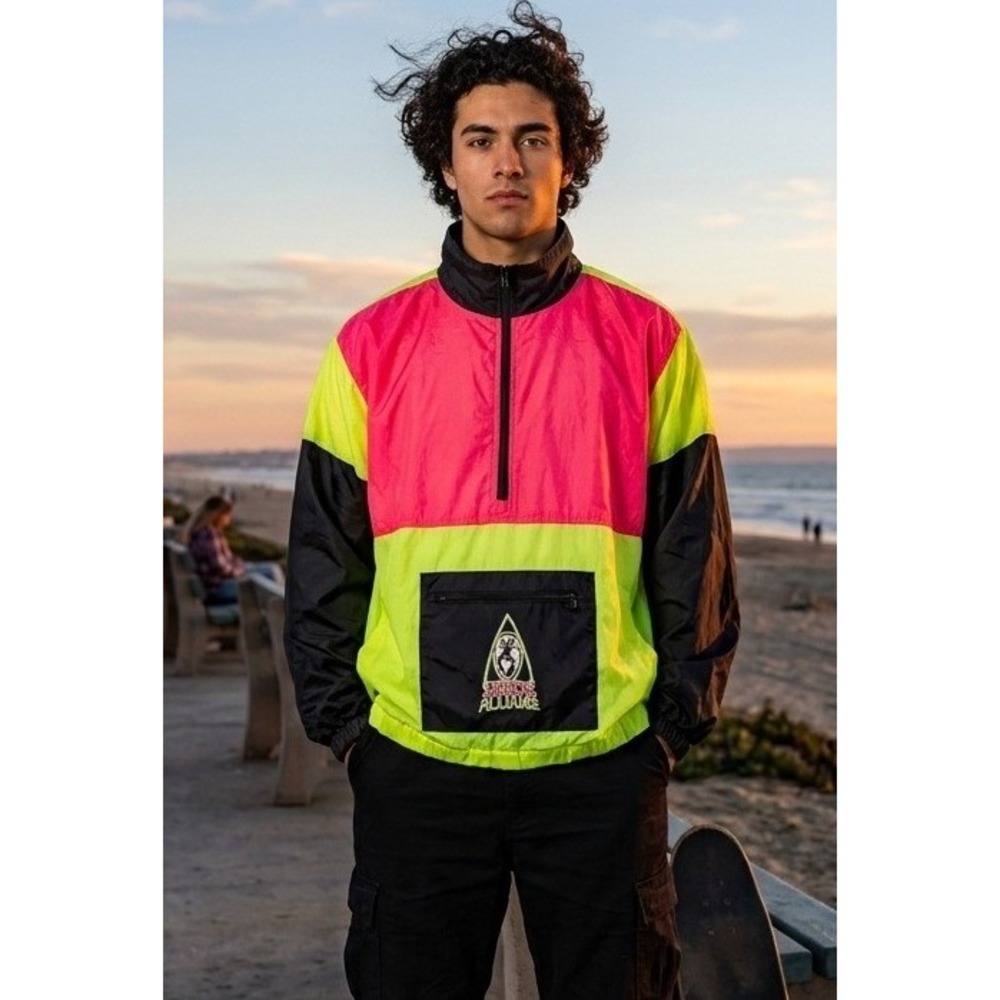 Vtg Surfers Alliance Windbreaker Jacket Mens Size XL Neon Color Block Retro 90's